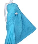 Blue Embroidered Cotton Saree With Blouse