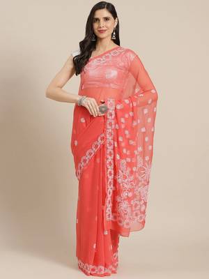 Hand Embroidered Tomato Red Faux Georgette Lucknowi Chikankari Indian Women Saree With Blouse 1
