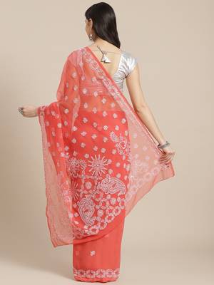 Hand Embroidered Tomato Red Faux Georgette Lucknowi Chikankari Indian Women Saree With Blouse 2