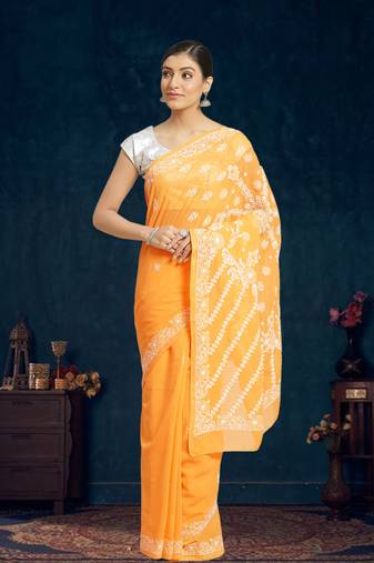 Ada Hand Embroidered Mustard Faux Georgette Lucknowi Chikankari Indian Women Saree With Blouse - A183596
