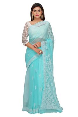 Ada Sea Green Hand Embroidered Faux Georgette Lucknowi Chikankari Women Saree With Blouse - A191628 1