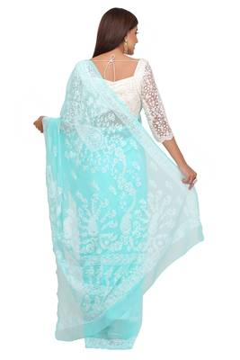 Ada Sea Green Hand Embroidered Faux Georgette Lucknowi Chikankari Women Saree With Blouse - A191628 2