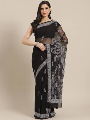 Ada Black Hand Embroidered Faux Georgette Women Saree With Blouse - A129570 1