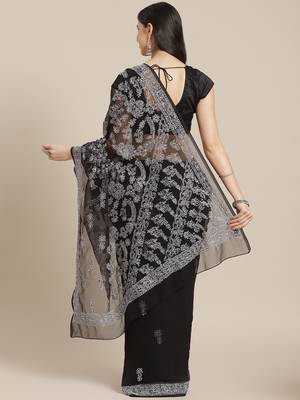 Ada Black Hand Embroidered Faux Georgette Women Saree With Blouse - A129570 2