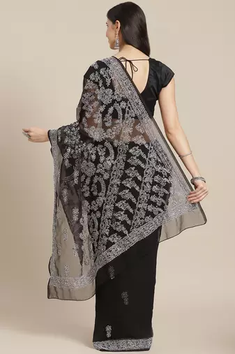 Ada Black Hand Embroidered Faux Georgette Women Saree With Blouse - A129570