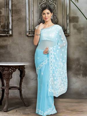 Blue Hand Embroidered Faux Georgette Women Lucknowi Chikankari Saree With Blouse 1
