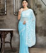 Blue Hand Embroidered Faux Georgette Women Lucknowi Chikankari Saree With Blouse