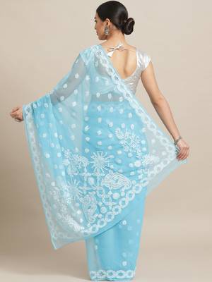 Blue Hand Embroidered Faux Georgette Women Lucknowi Chikankari Saree With Blouse 2