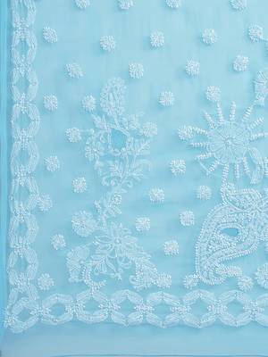 Blue Hand Embroidered Faux Georgette Women Lucknowi Chikankari Saree With Blouse 3