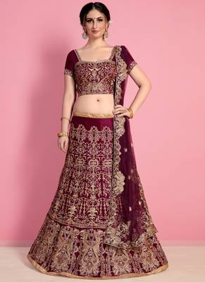 Wine Velvet Embroidered Lehenga With Dupatta 1