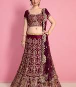 Wine Velvet Embroidered Lehenga With Dupatta