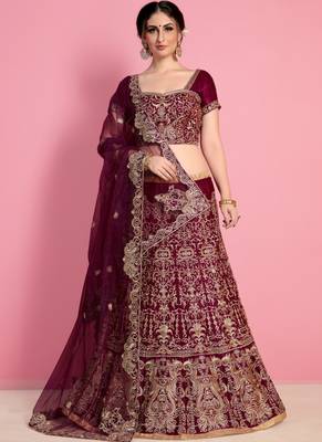 Wine Velvet Embroidered Lehenga With Dupatta 2