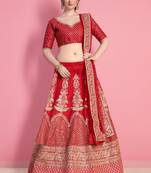 Red Art Silk Embroidered Lehenga With Dupatta