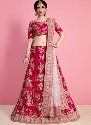 Rani Pink Velvet Embroidered Lehenga With Dupatta 1