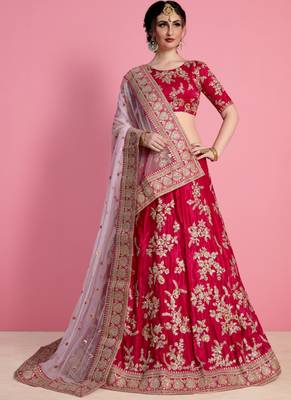 Rani Pink Velvet Embroidered Lehenga With Dupatta 2