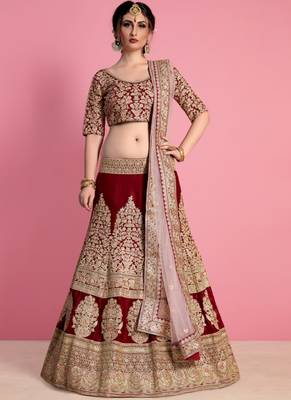Maroon Velvet Embroidered Lehenga With Dupatta 1