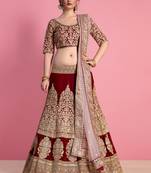 Maroon Velvet Embroidered Lehenga With Dupatta