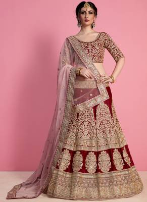 Maroon Velvet Embroidered Lehenga With Dupatta 2
