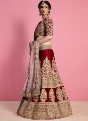 Maroon Velvet Embroidered Lehenga With Dupatta 3