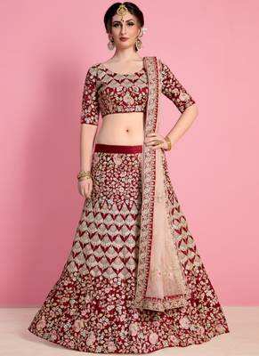 Maroon Velvet Embroidered Lehenga With Dupatta 1
