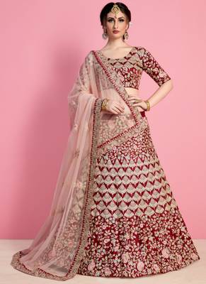Maroon Velvet Embroidered Lehenga With Dupatta 2
