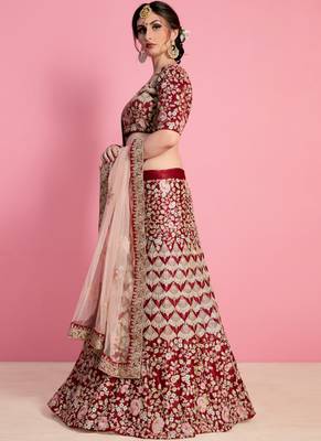 Maroon Velvet Embroidered Lehenga With Dupatta 3