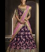 Purple Velvet Embroidered Lehenga With Dupatta