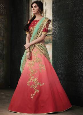 Light Red Satin Embroidered Lehenga With Dupatta 1