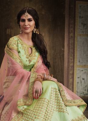 Lime Silk Embroidered Lehenga With Dupatta 2