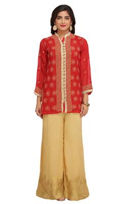Red Embroidered Faux Georgette Chikankari Short Kurti  1
