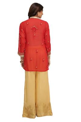 Red Embroidered Faux Georgette Chikankari Short Kurti  2