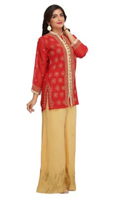 Red Embroidered Faux Georgette Chikankari Short Kurti  3