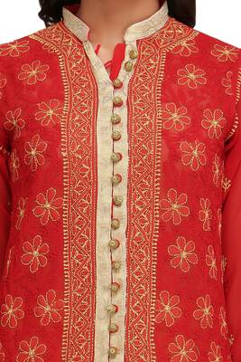 Red Embroidered Faux Georgette Chikankari Short Kurti  4