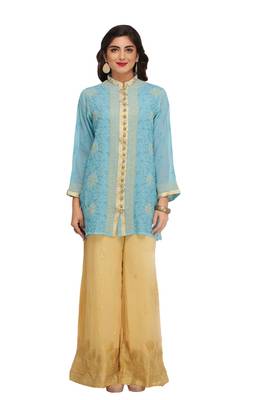 Blue Embroidered Faux Georgette Chikankari Short Kurti  1