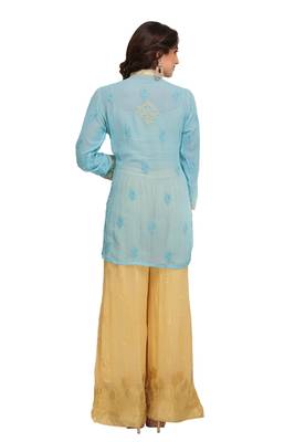 Blue Embroidered Faux Georgette Chikankari Short Kurti  2