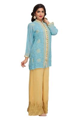 Blue Embroidered Faux Georgette Chikankari Short Kurti  3