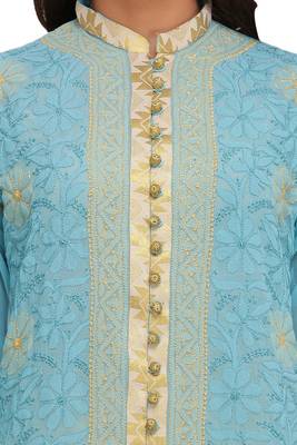 Blue Embroidered Faux Georgette Chikankari Short Kurti  4