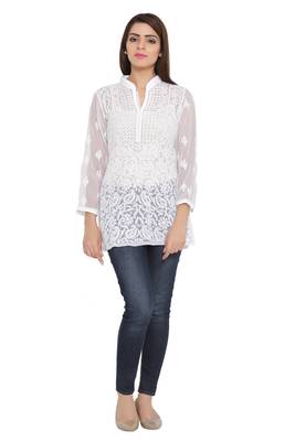 White Embroidered Faux Georgette Chikankari Short Kurti  2