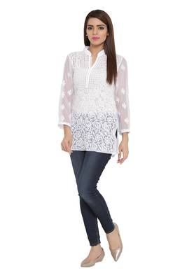White Embroidered Faux Georgette Chikankari Short Kurti  4