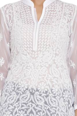 White Embroidered Faux Georgette Chikankari Short Kurti  5