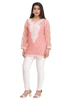 Peach Embroidered Faux Georgette Chikankari Short Kurti  1
