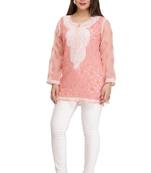 Peach Embroidered Faux Georgette Chikankari Short Kurti 
