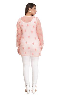 Peach Embroidered Faux Georgette Chikankari Short Kurti  2