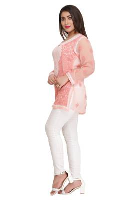 Peach Embroidered Faux Georgette Chikankari Short Kurti  3