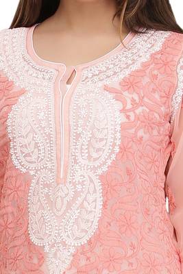Peach Embroidered Faux Georgette Chikankari Short Kurti  4