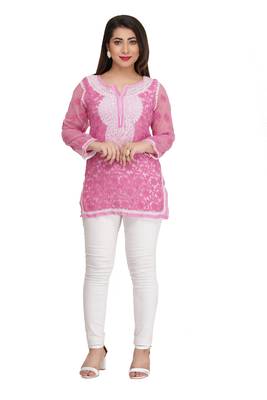 Onion Pink Embroidered Faux Georgette Chikankari Short Kurti 1