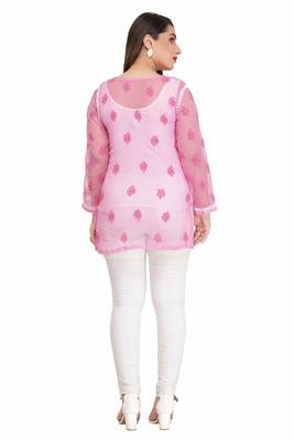 Onion Pink Embroidered Faux Georgette Chikankari Short Kurti 2