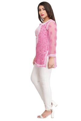 Onion Pink Embroidered Faux Georgette Chikankari Short Kurti 3