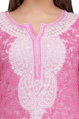 Onion Pink Embroidered Faux Georgette Chikankari Short Kurti 4