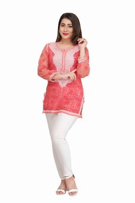 Pink Embroidered Faux Georgette Chikankari Kurti  1